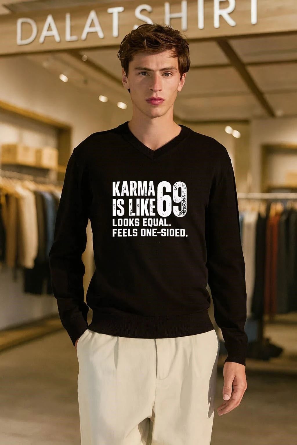 Premium Funny Quote Karma Is Like 69 Looks Equal Feels One Sided shirt