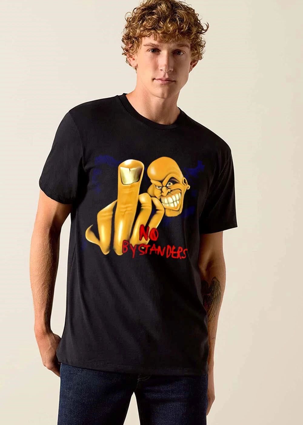 No Bystanders Yellow Cartoon Caricature Bald Man Middle Finger Hand shirt