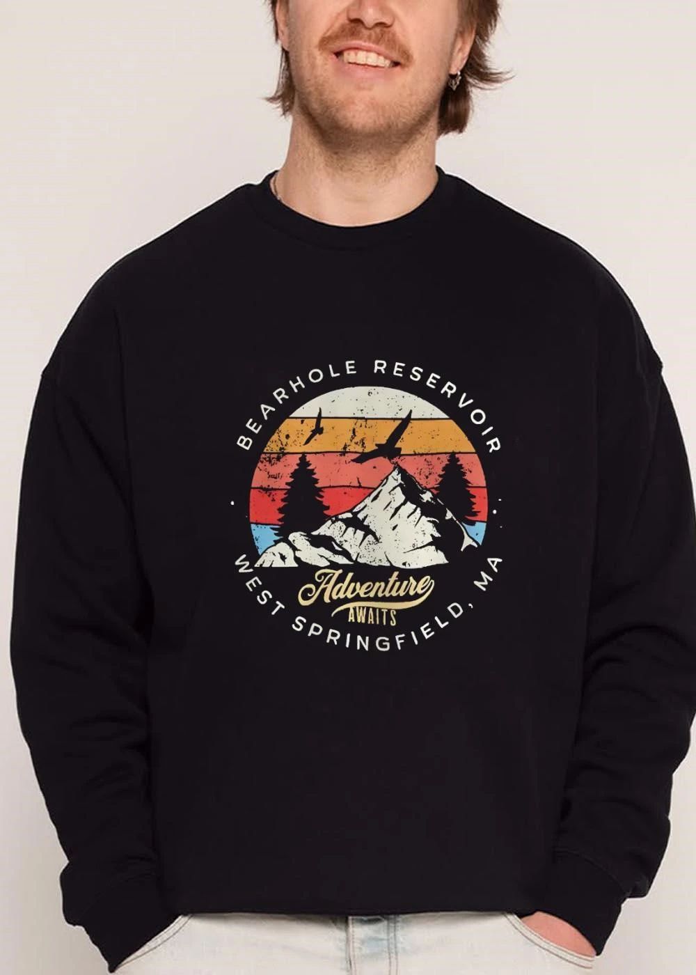 Bearhole Reservoir Adventure Awaits West Springfield Ma Distressed Retro Sunset Mountain Trees shirt