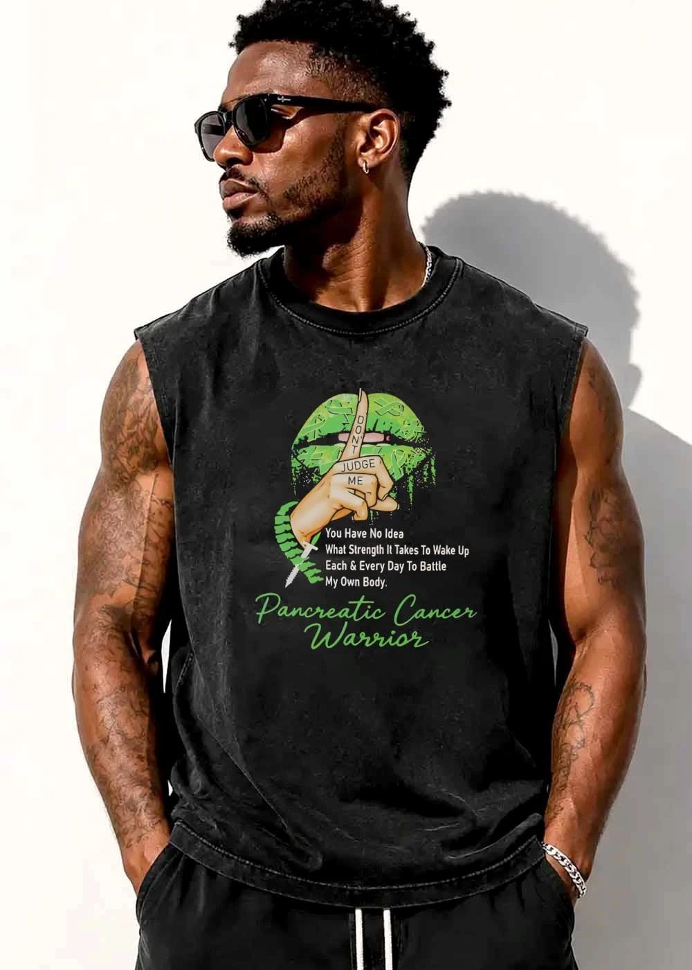 Dont Judge Me You Have No Idea Pancreatic Cancer Warrior Green Ribbon Lips Shushing Hand shirt
