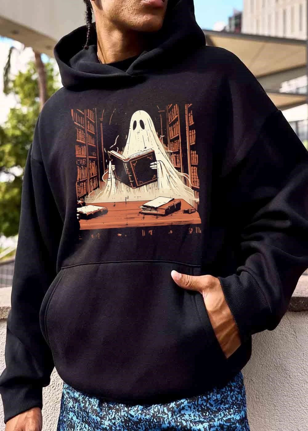 Ghost Reading Open Book Spooky Dark Library Bookshelves Cartoon shirt