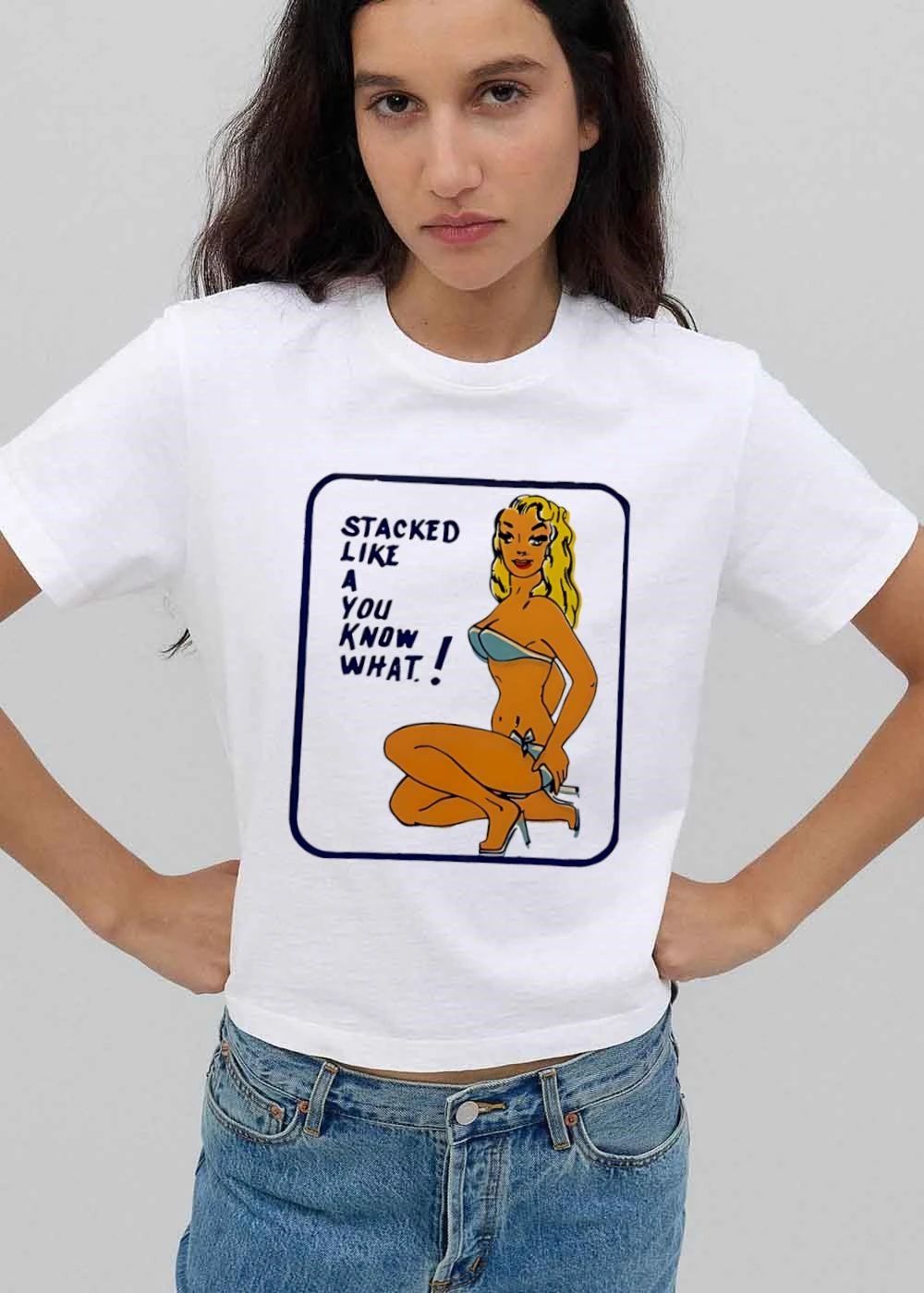 Stacked Like A You Know What Vintage Cartoon Blonde Pinup Girl Bikini shirt
