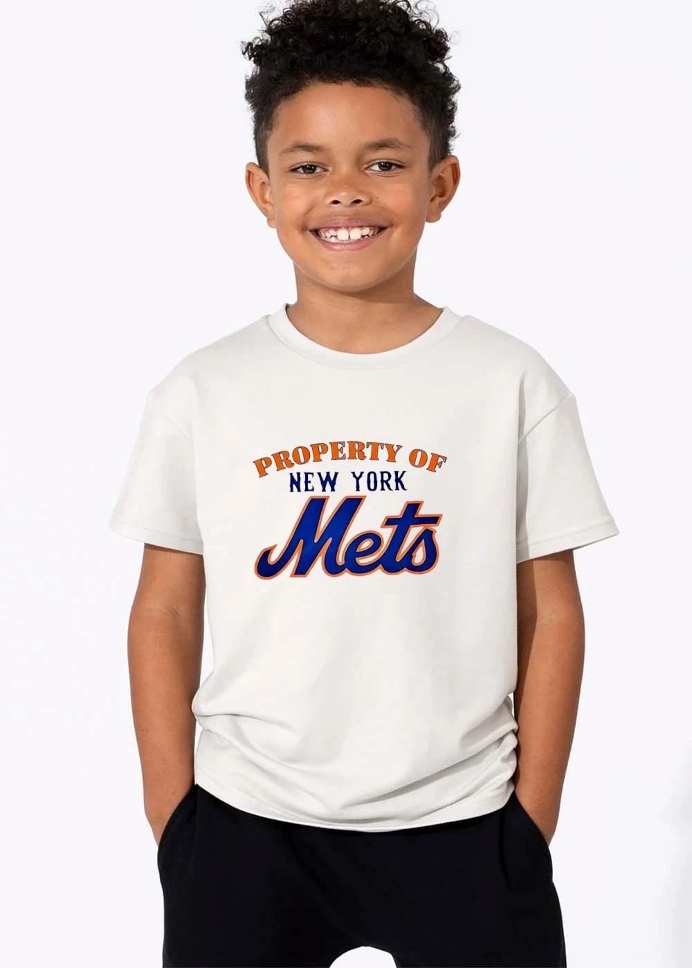 New York Mets MLB Property Of Arched Text Blue Orange Script Logo shirt