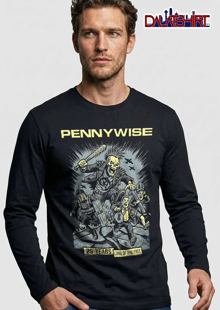 Pennywise 25 Years Land Of The Free Skeleton Mohawk Punk Spiked Bat Chasing Riot Cop Businessman Cartoon shirt