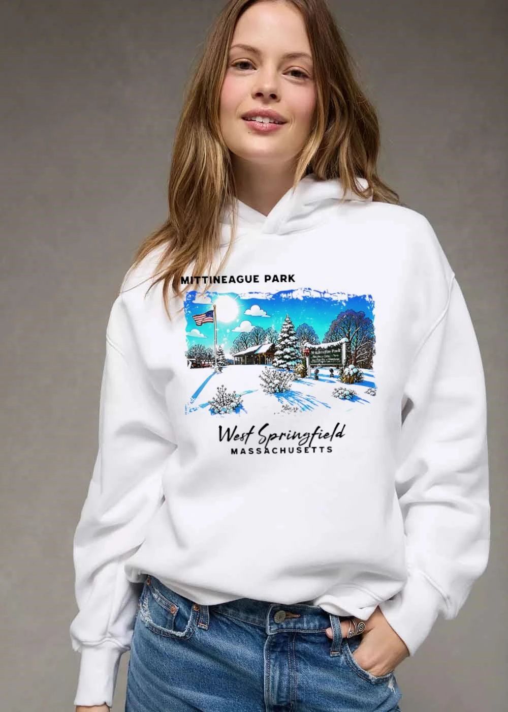 Mittineague Park West Springfield Massachusetts Snowy Winter Landscape American Flag Pavilion shirt