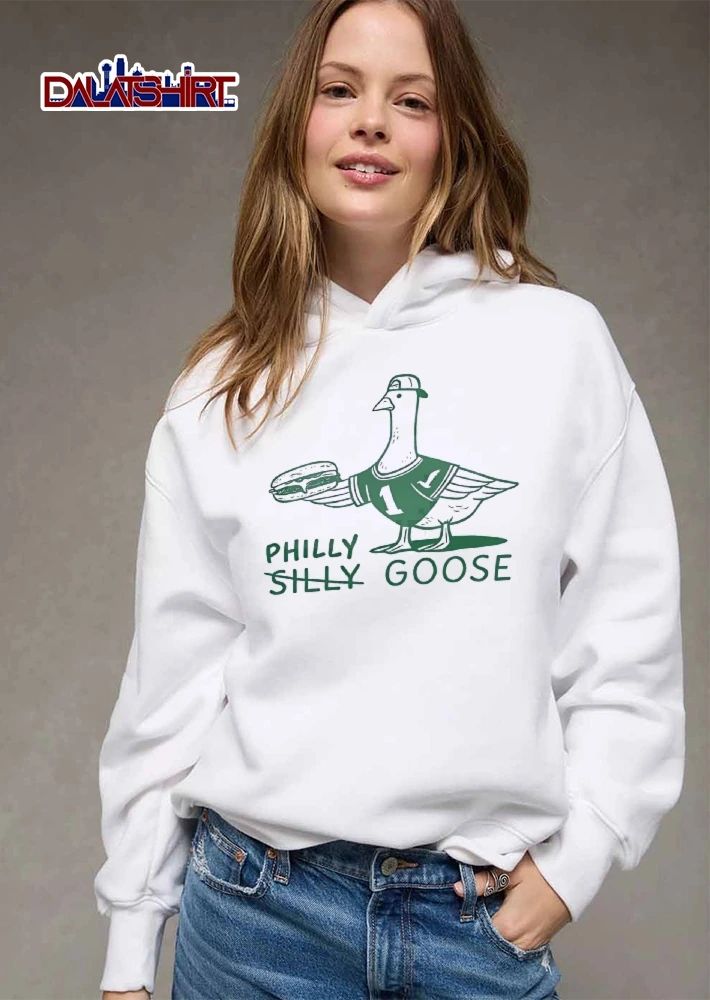 Philly Silly Goose Cartoon Line Art Mascot Wearing Jersey Backwards Cap Holding Cheesesteak shirt