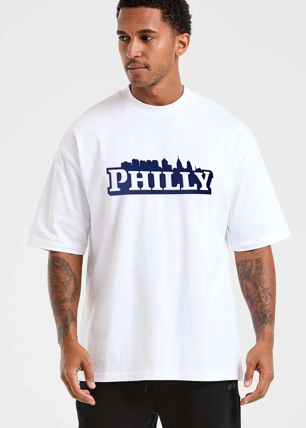 Philly Philadelphia City Skyline Silhouette White Block Text shirt
