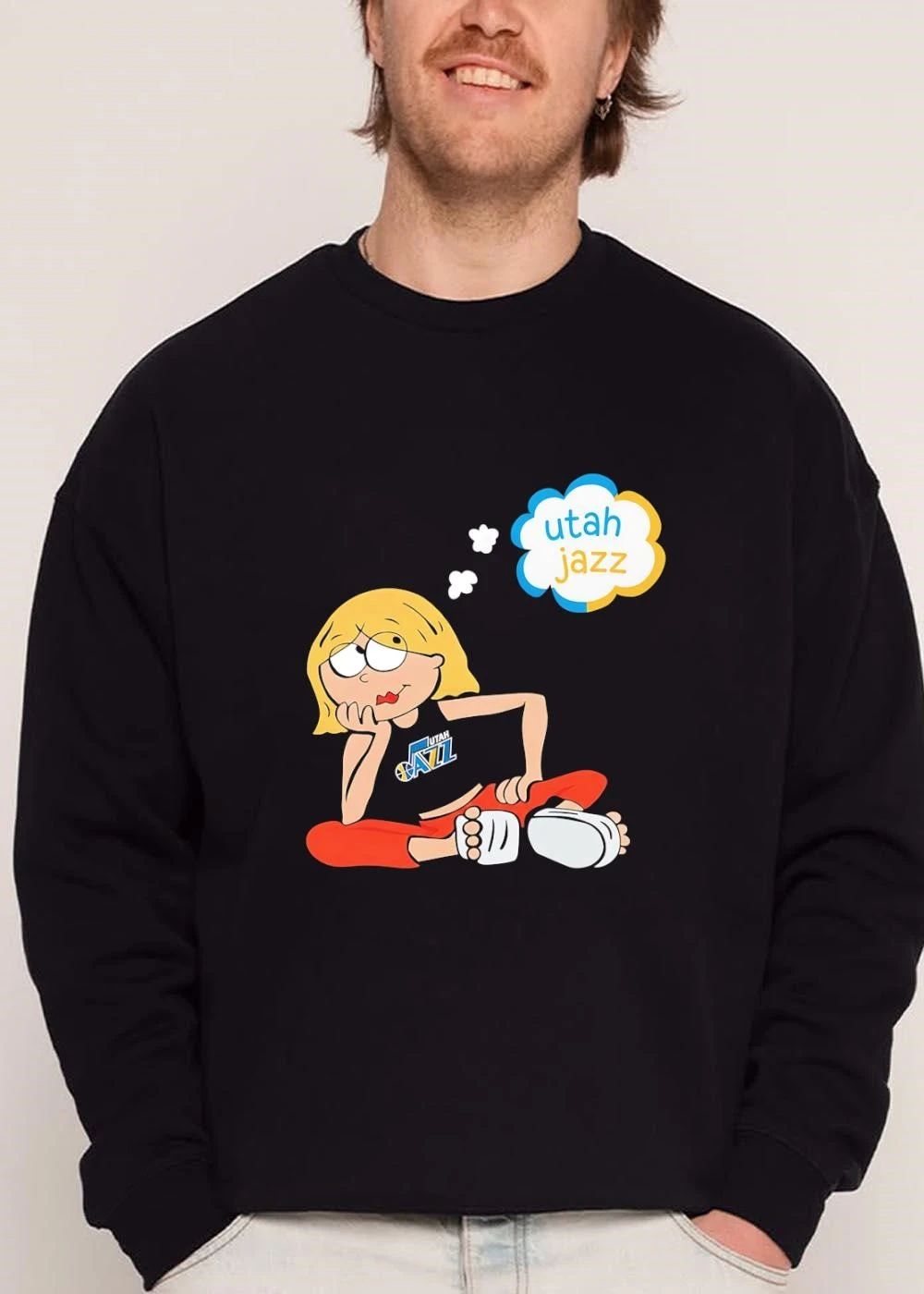 Original Utah Jazz NBA Cartoon Blonde Girl Sitting Thinking shirt