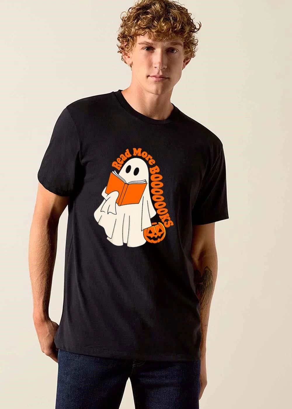 Read More Booooooks Cartoon Ghost Holding Orange Open Novel Pumpkin Bucket shirt