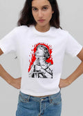 Female Knight Saint Holding Sword Red Flames Halo Line Art shirt