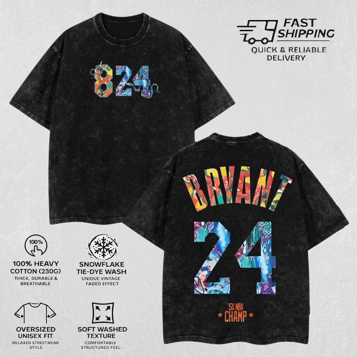Retro Kobe Bryant Acid Washed T-shirt Heavy Cotton Graphic Tee Basketball Top