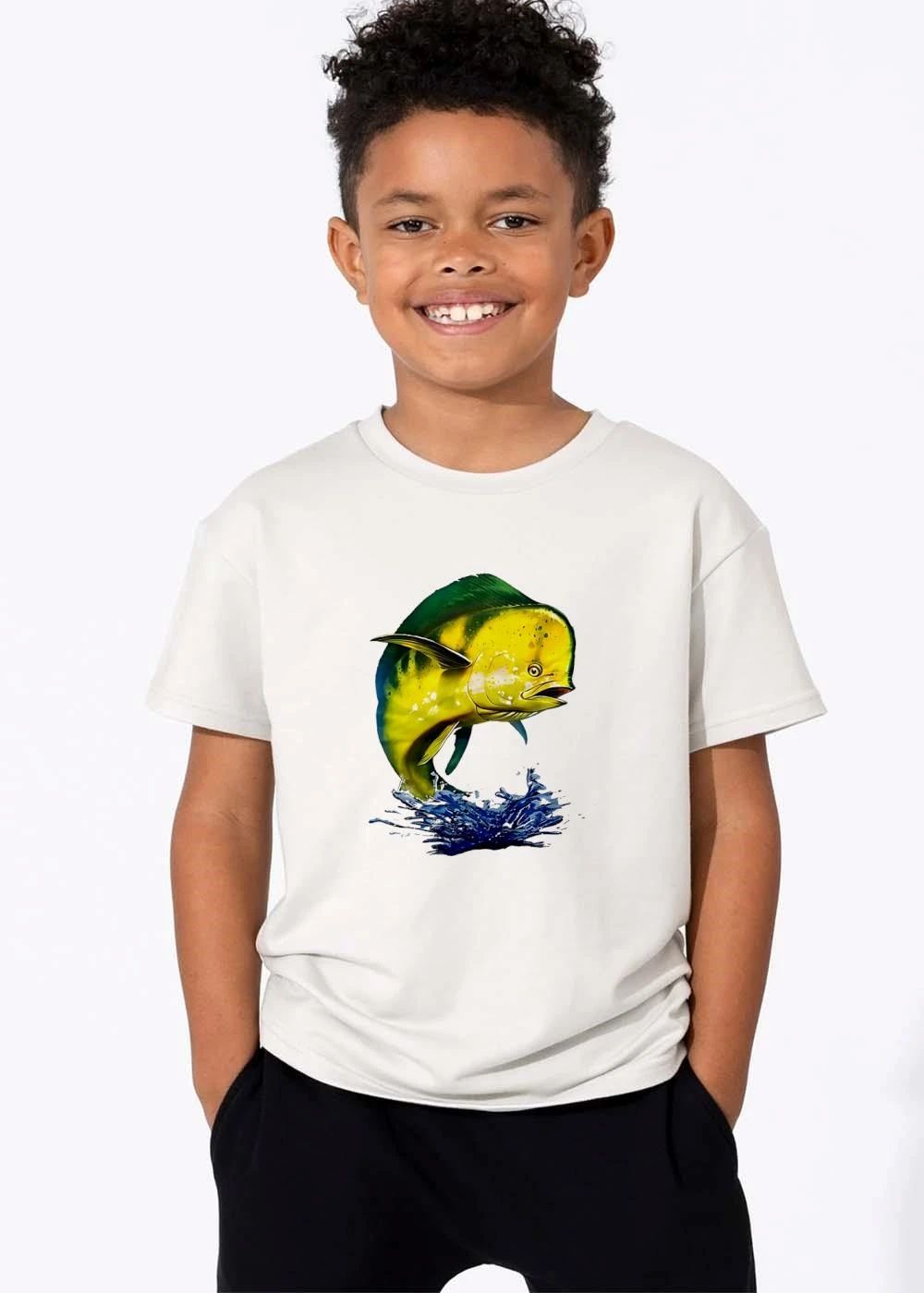 Bright Yellow Green Mahi Jumping Splashing Blue Water shirt
