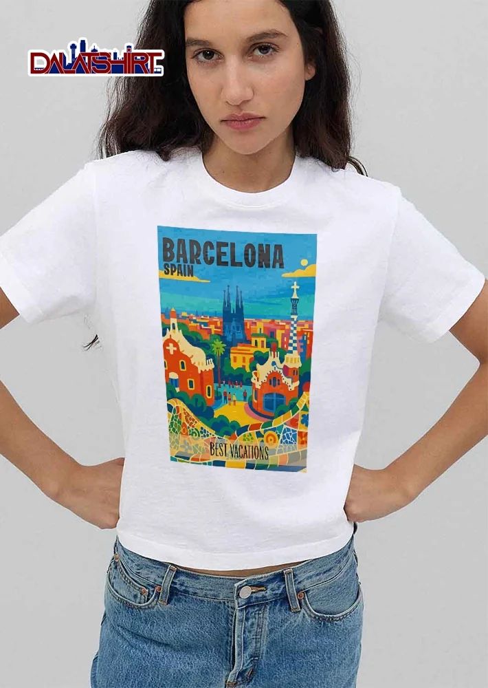 Barcelona Spain Retro Travel Poster Park Guell Sagrada Familia Mosaic shirt