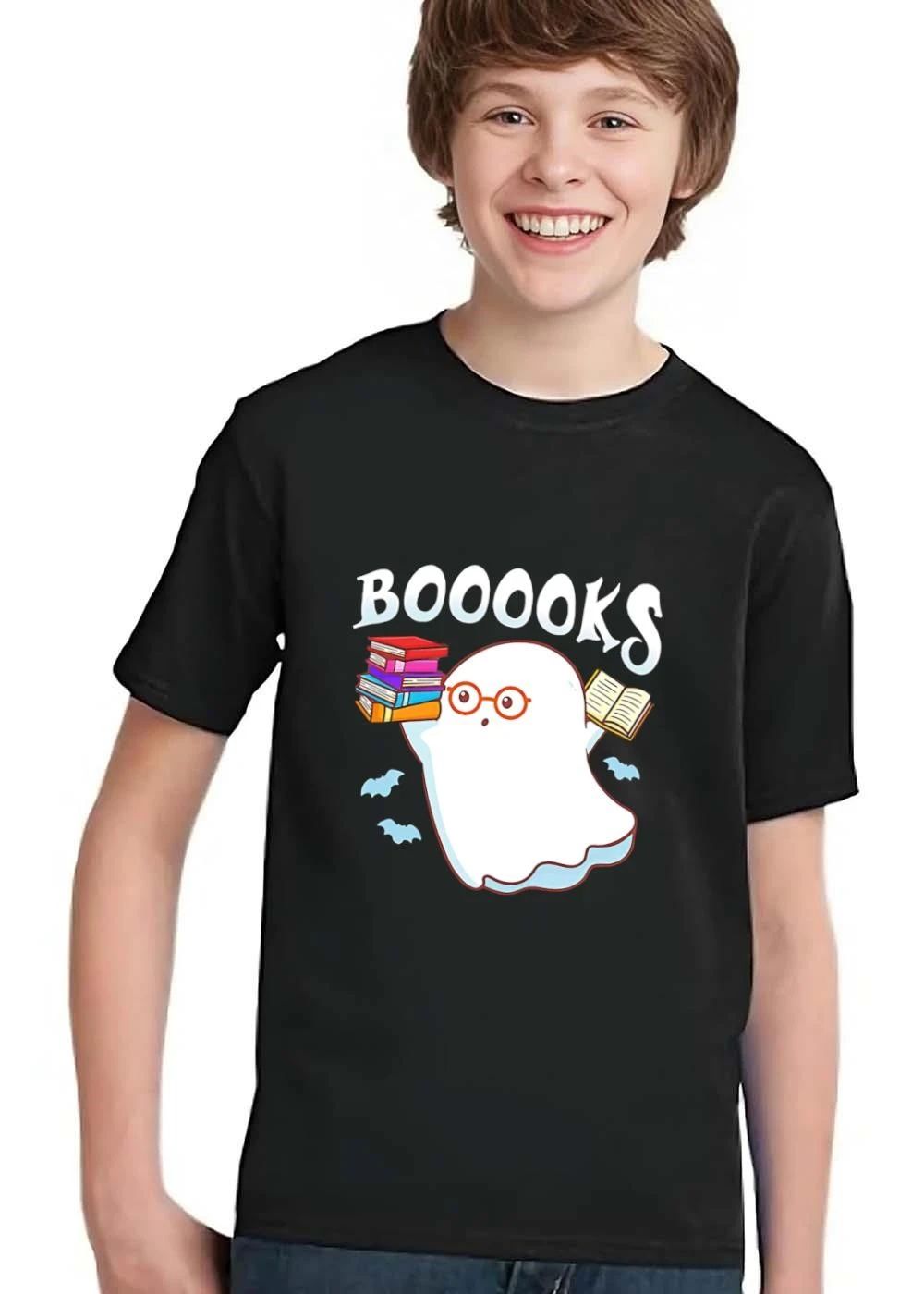 Booooks Cartoon Ghost Spectacles Holding Stacked Novels shirt