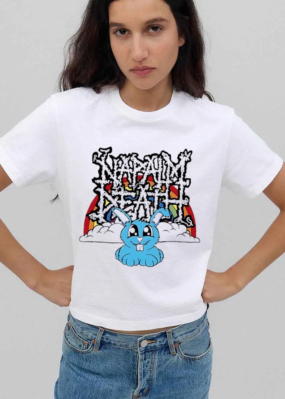 Napalm Death Spiky Text Cute Cartoon Blue Bunny Rainbow Clouds shirt
