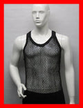 Men's Fitted in Black 100% Cotton String Vest Mesh Fishnet Muscle Tank Top