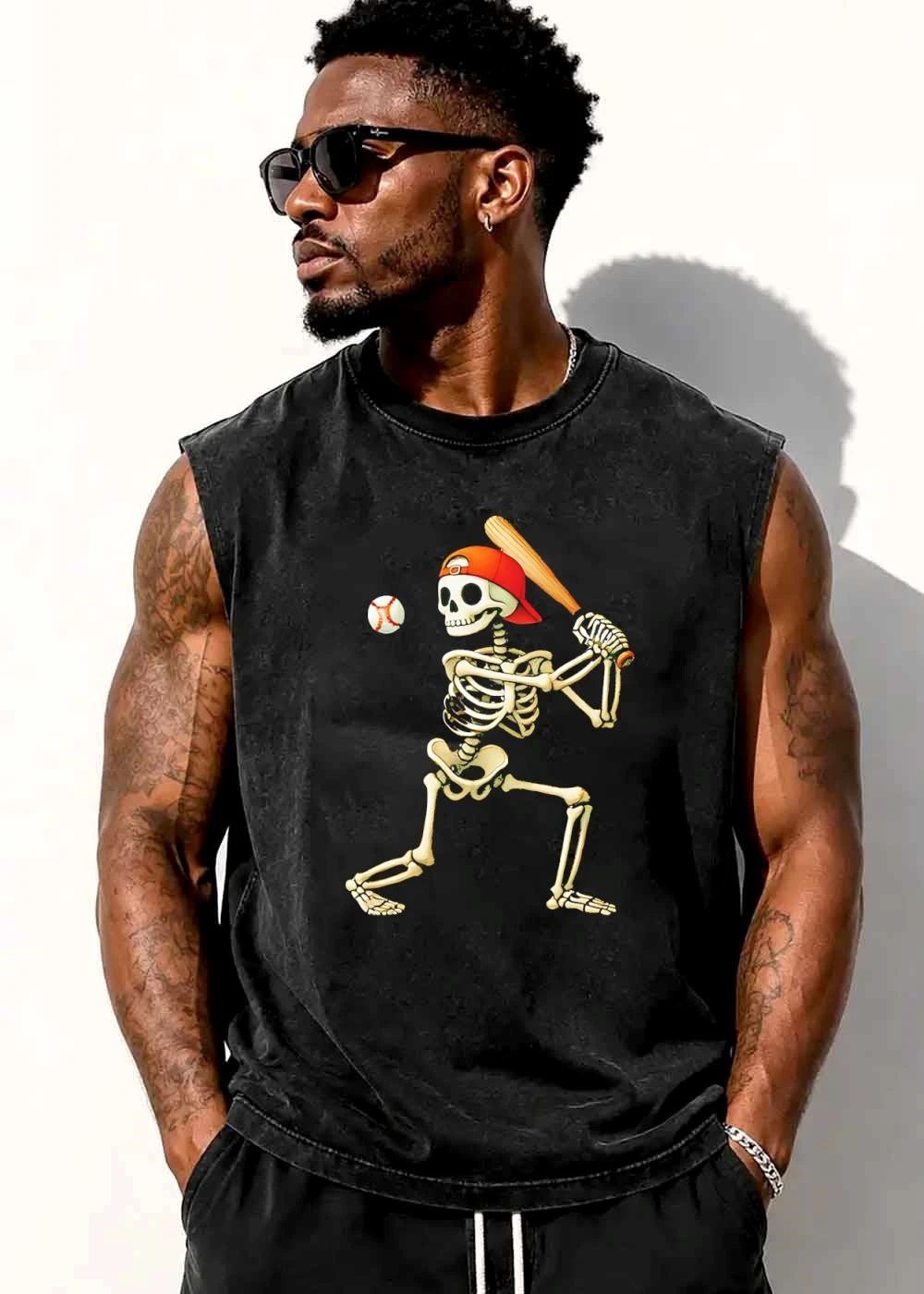 Cartoon Skeleton Backwards Orange Cap Swinging Wooden Bat At Baseball shirt