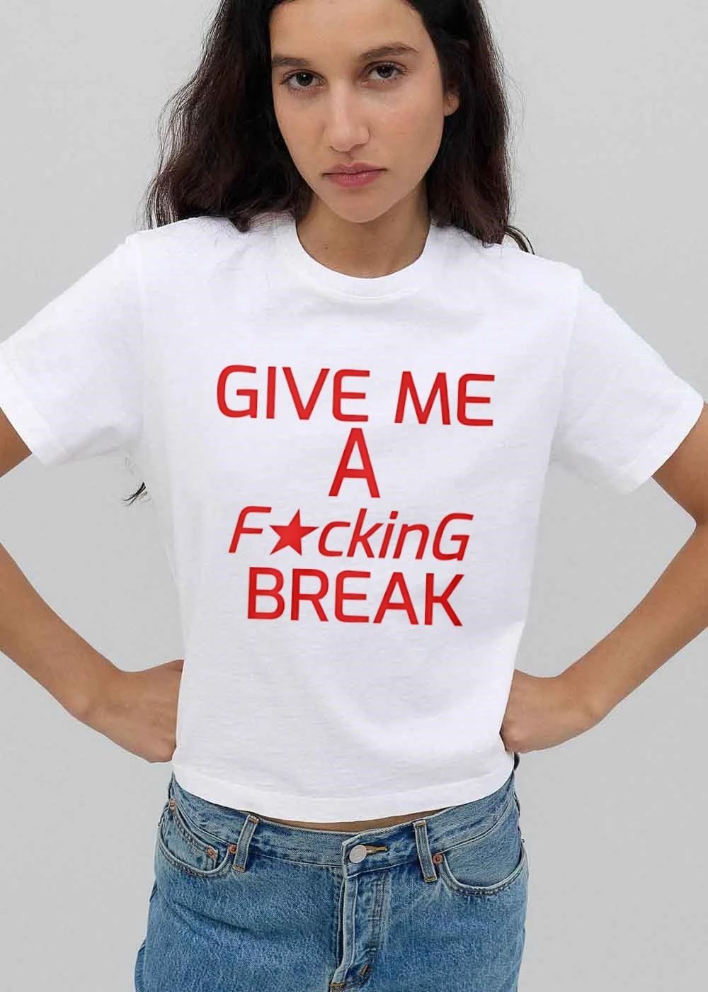 Give Me A Fucking Break Center Stacked Embossed Red Typography Star shirt