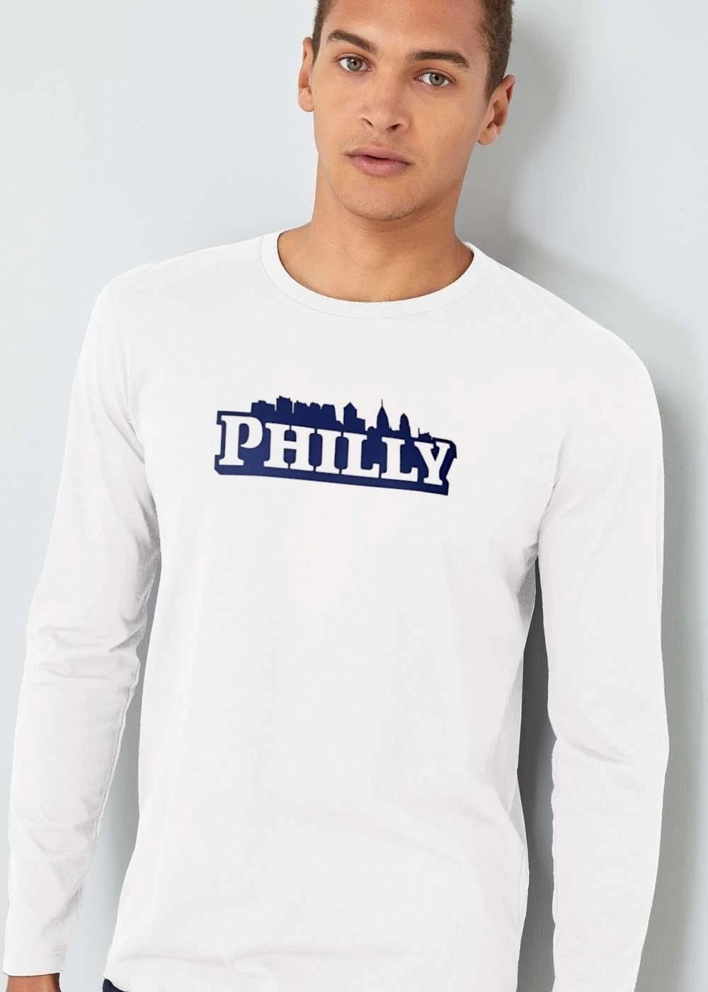 Philly Philadelphia City Skyline Silhouette White Block Text shirt