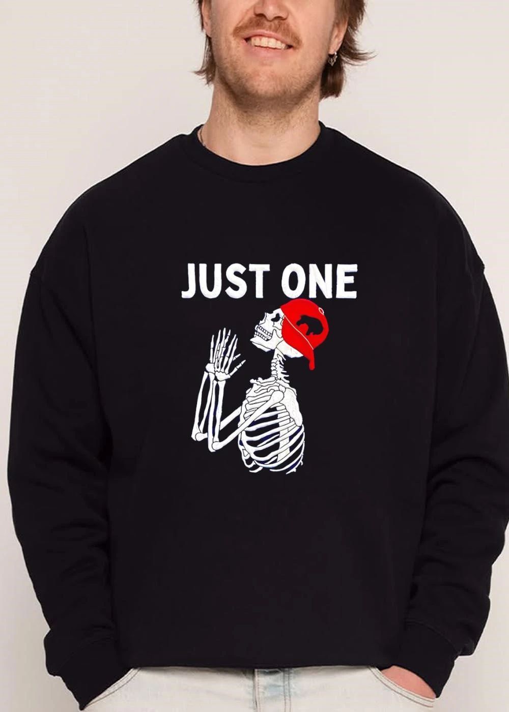 Just One Praying Skeleton Wearing Backwards Red Baseball Cap shirt