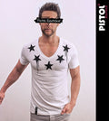 Pistol Boutique men's fitted White Deep V neck CHEST PAINT STARS T-shirt