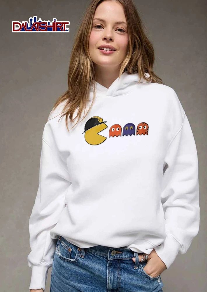 Pacman wearing construction hat eating ghosts shirt