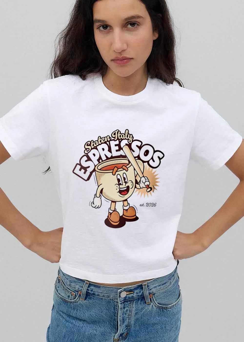 Staten Italy Espressos Est 2026 Retro Cartoon Coffee Cup Mascot Baseball Bat shirt