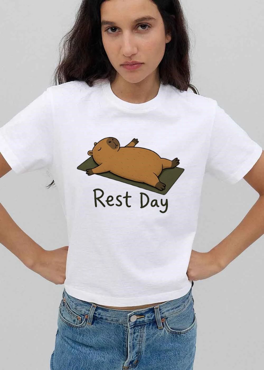 Rest Day Cartoon Capybara Relaxing Lying On Back Green Yoga Mat shirt