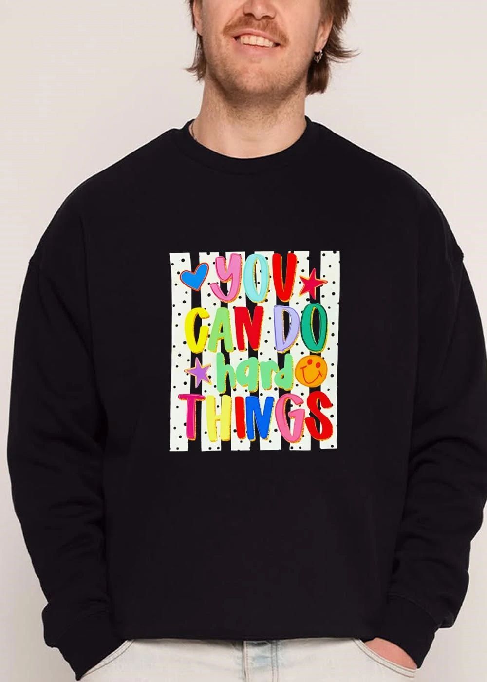 You Can Do Hard Things Colorful 3d Bubble Letters Striped Polka Dot Background Stars Smiley Face shirt