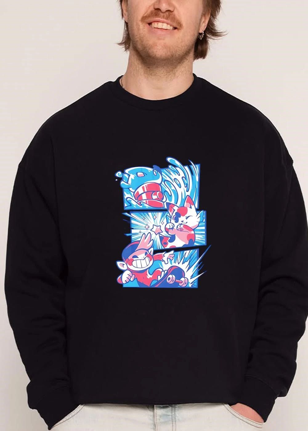 Cartoon Comic Book Panels Water Wave Calico Cat Skateboarding Monkey shirt