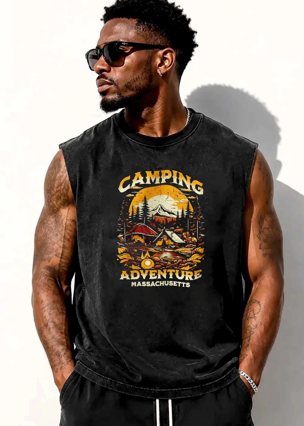 Camping Adventure Massachusetts Vintage Distressed Mountain Campsite Sunset shirt