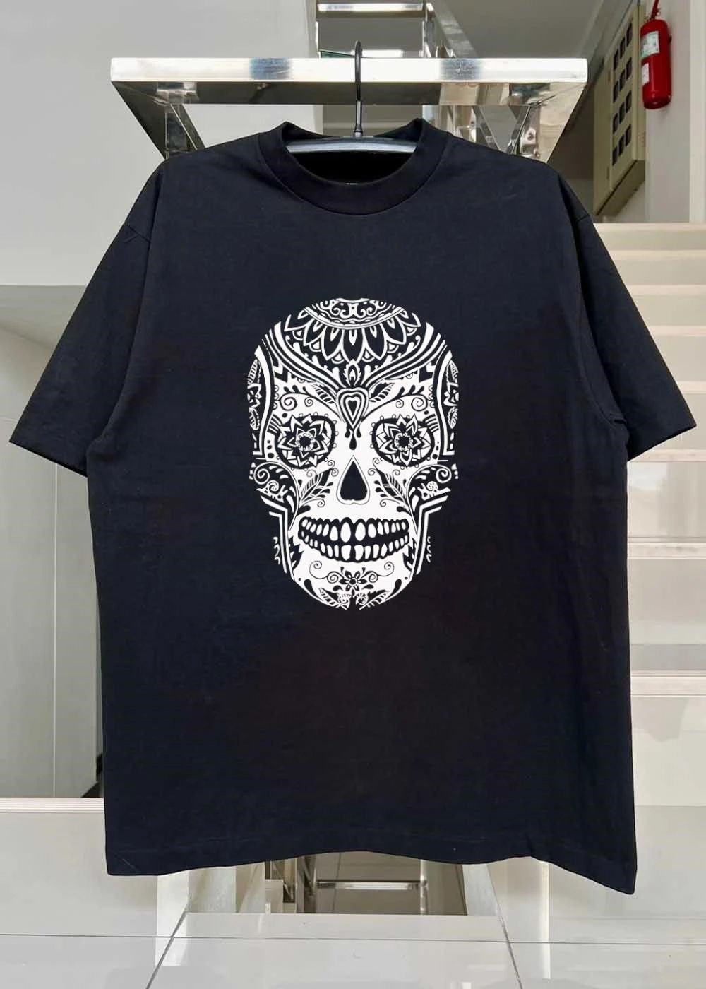 Sugar Skull Artistic Decorative Pattern Detailed Black and White Shirt
