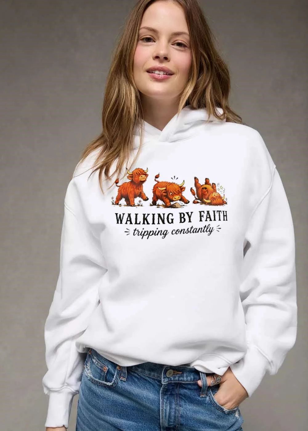 Walking By Faith Tripping Constantly Cartoon Highland Cows Stumbling Over Rock shirt