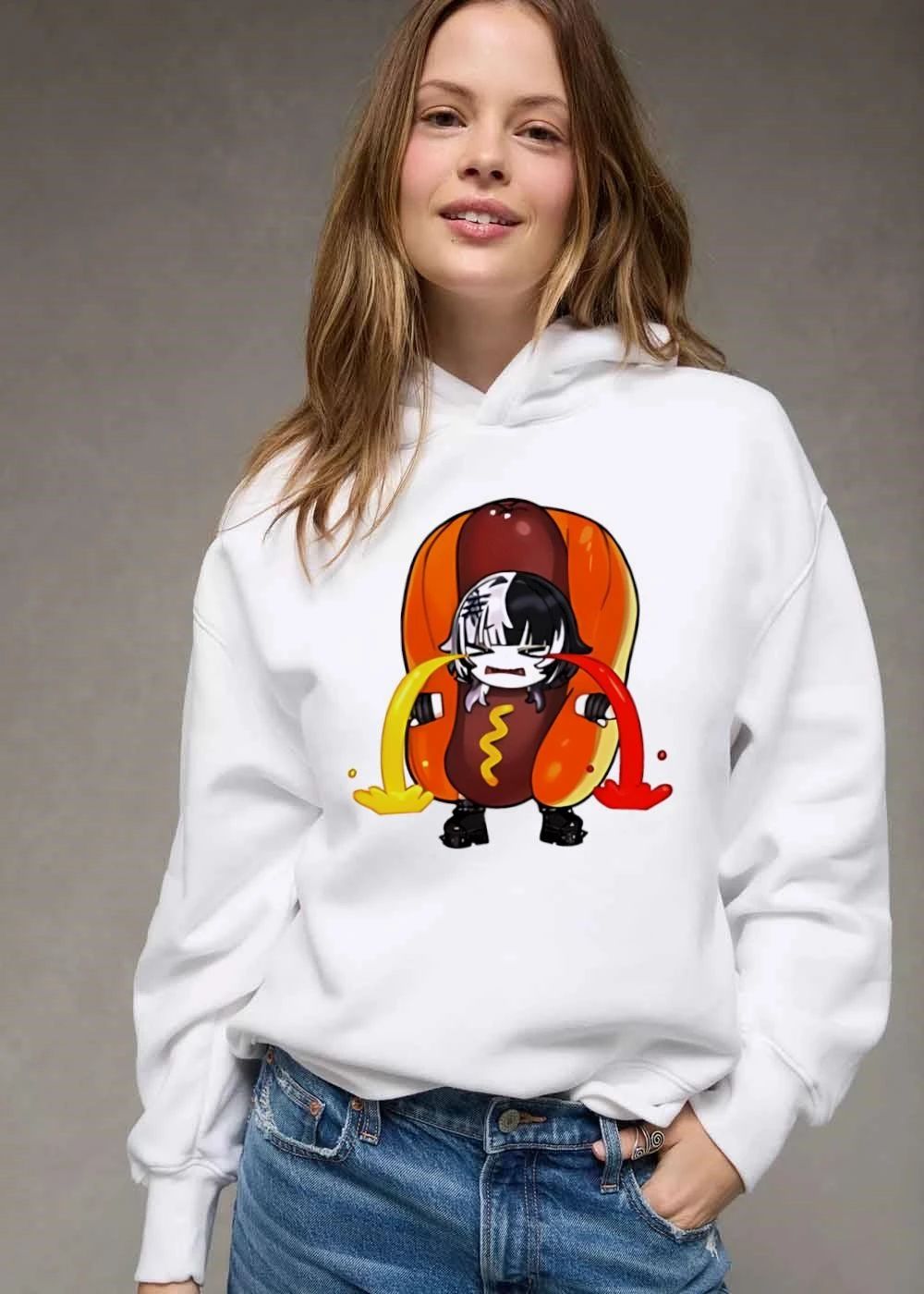 Chibi Anime Girl In Hot Dog Costume Crying Mustard And Ketchup Tears Cartoon Illustration shirt