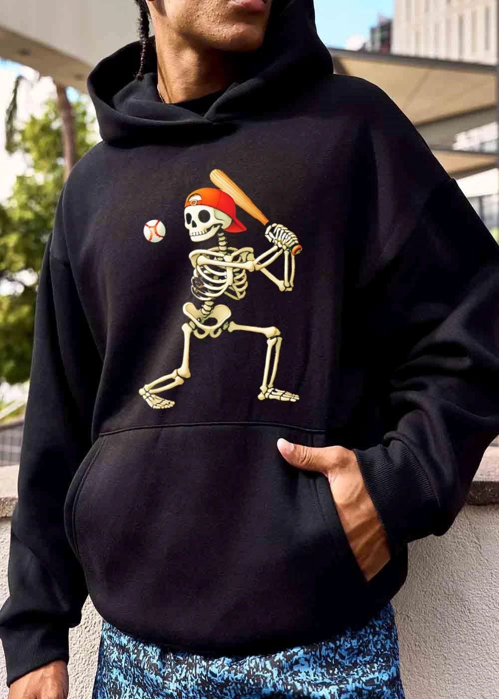 Cartoon Skeleton Backwards Orange Cap Swinging Wooden Bat At Baseball shirt