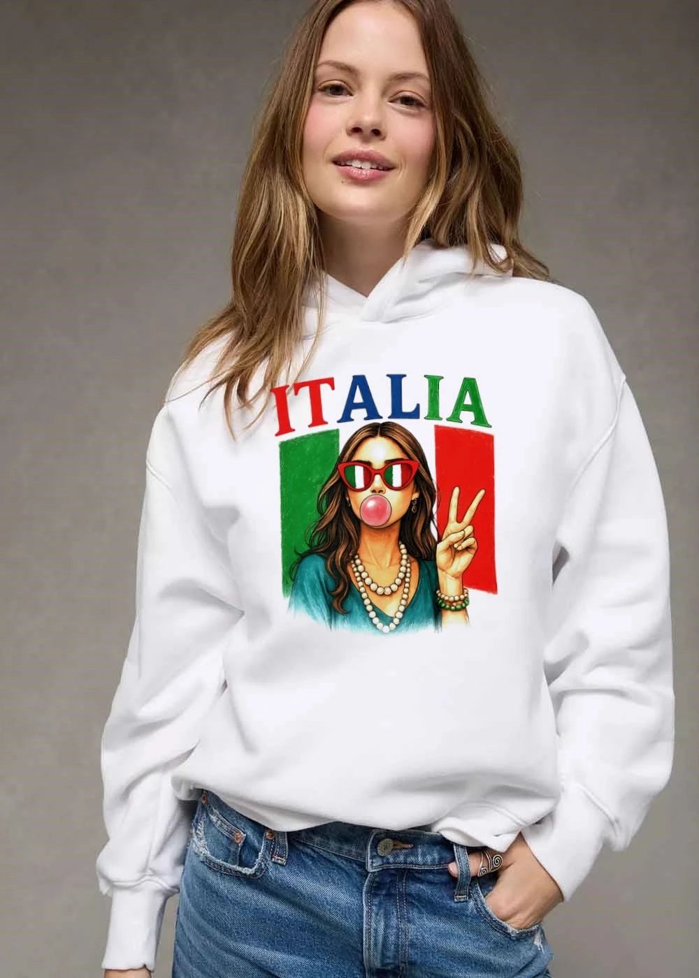 Italia Woman Blowing Pink Bubblegum Sunglasses Peace Sign Flag shirt