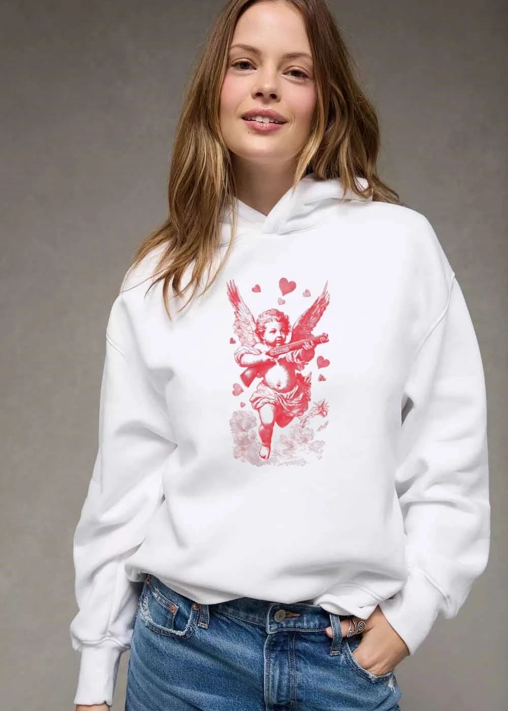 Red Pink Vintage Line Art Cherub Cupid Holding Shotgun Hearts Clouds shirt