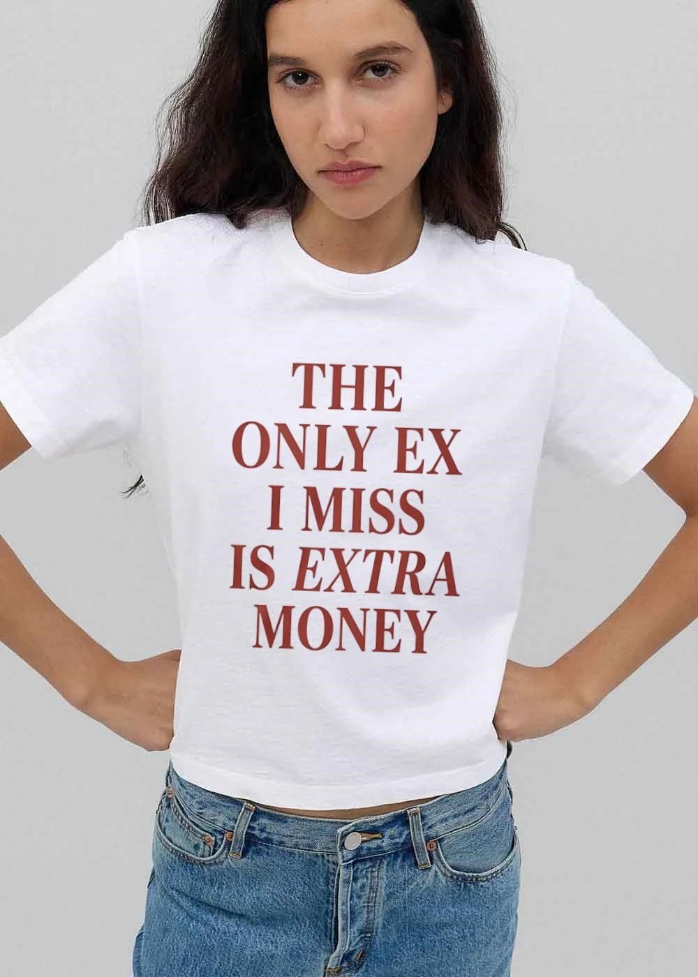 The Only Ex I Miss Is Extra Money Red Embossed Serif Typography shirt