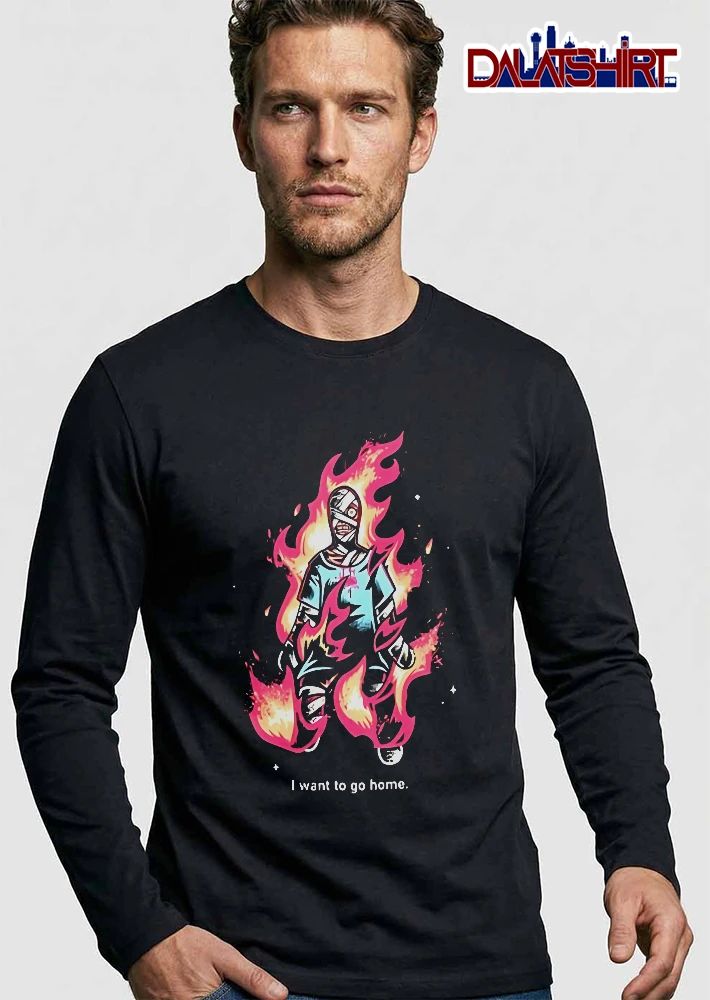 I Want To Go Home Bandaged Figure Engulfed Pink Flames Cartoon shirt