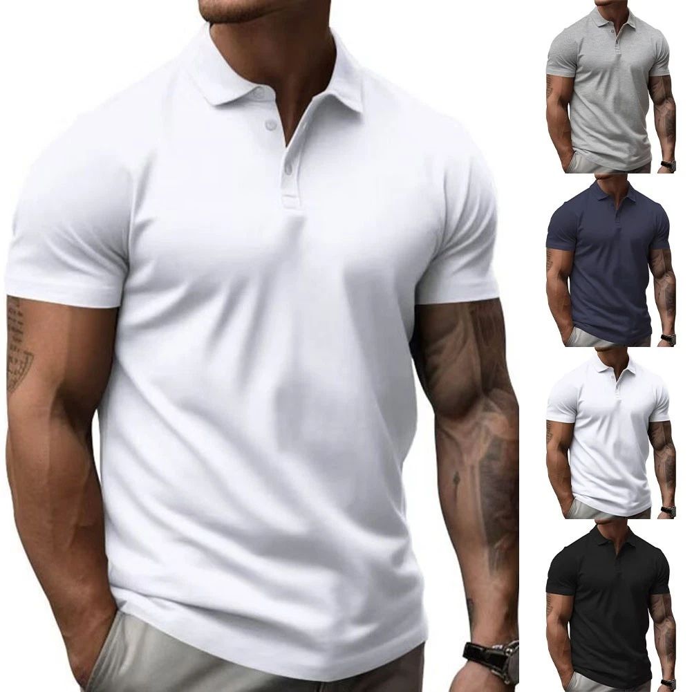 Casual Men Short Sleeve T Shirt Turn Down Collar Button Pullover Slim Fit White