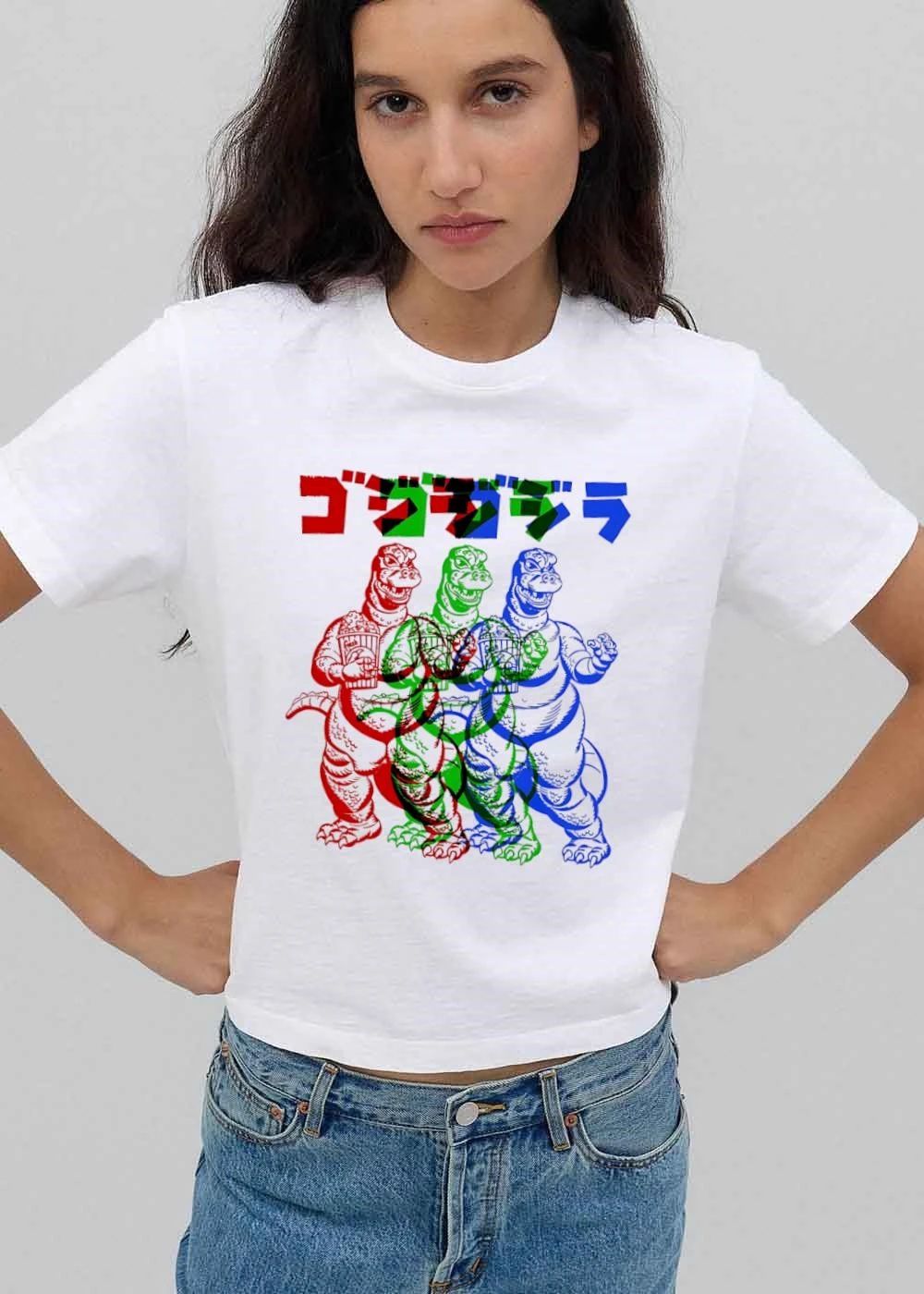 Godzilla Fresh Three Overlapping Monsters Eating Popcorn Cartoon shirt