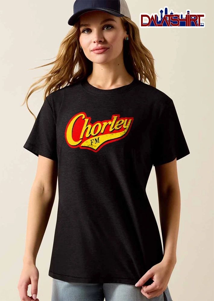 Chorley Fm Yellow Cursive Typography Red Layered Background shirt