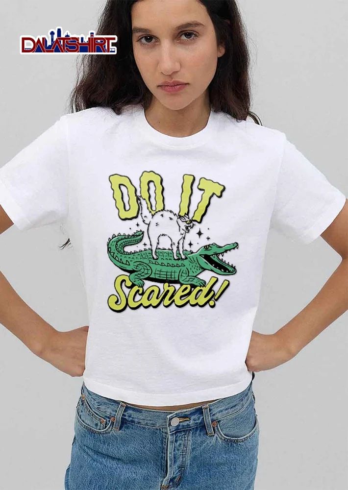 Do It Scared Cartoon White Cat Wearing Sunglasses Standing On Green Alligator Stars shirt