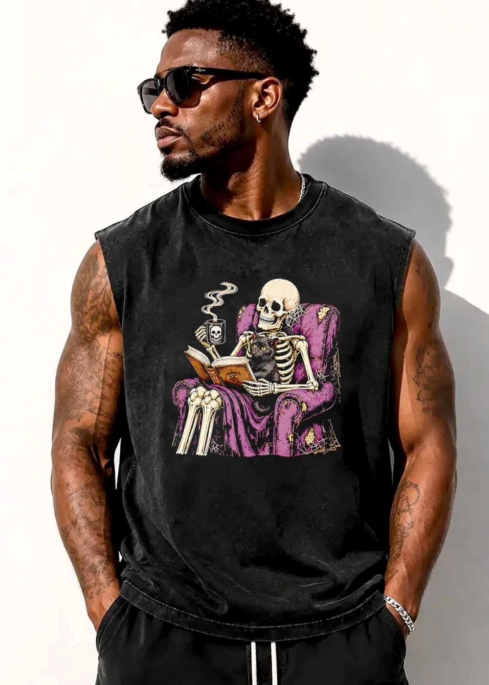 Skeleton Reading Old Book Purple Armchair Black Cat Steaming Mug shirt