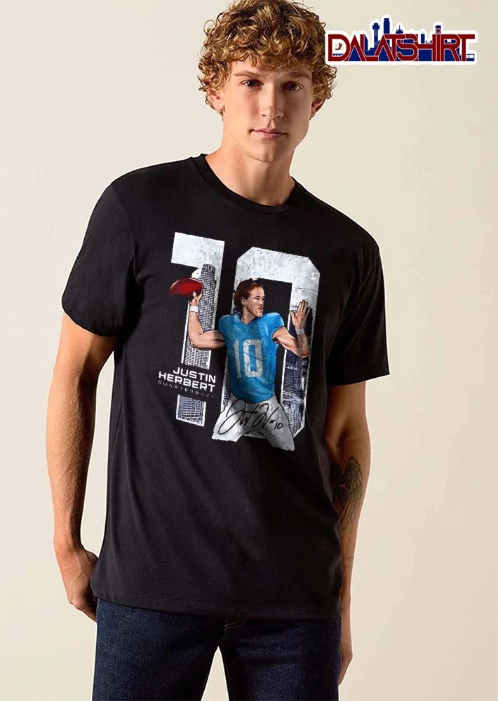 Justin Herbert Quarterback Throwing Football City Skyline Number 10 Signature shirt