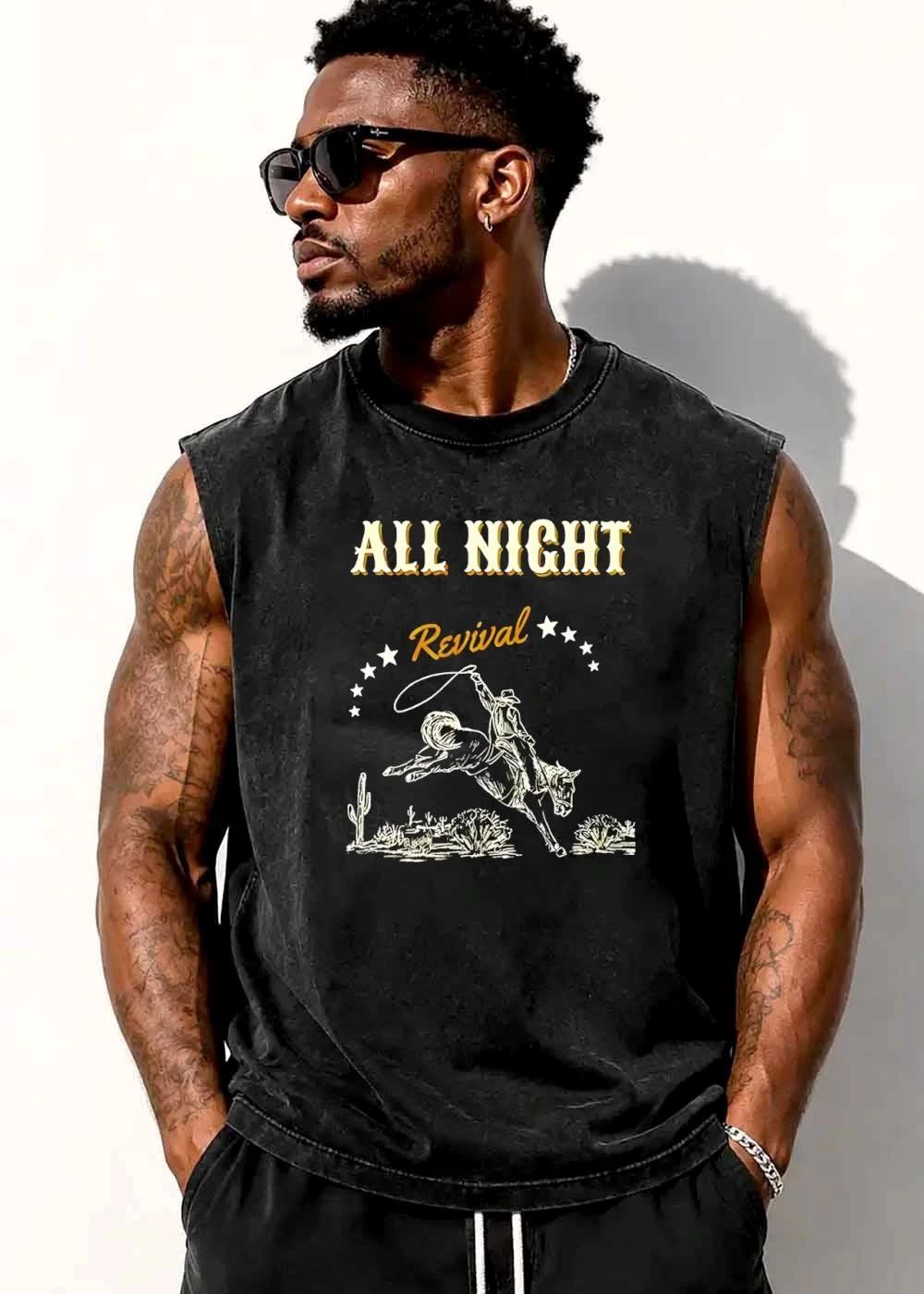 All Night Revival Cowboy Bucking Horse Desert Cactus Line Art shirt