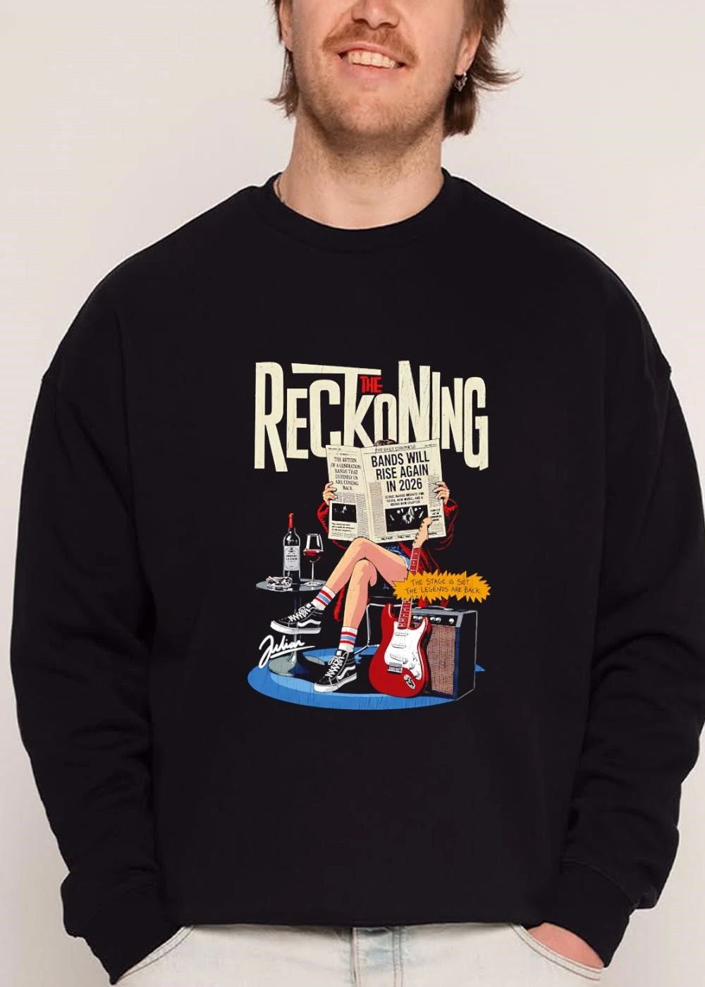 The Reckoning Bands Will Rise Again Julian 2026 Woman Reading Newspaper Red Electric Guitar Amp shirt