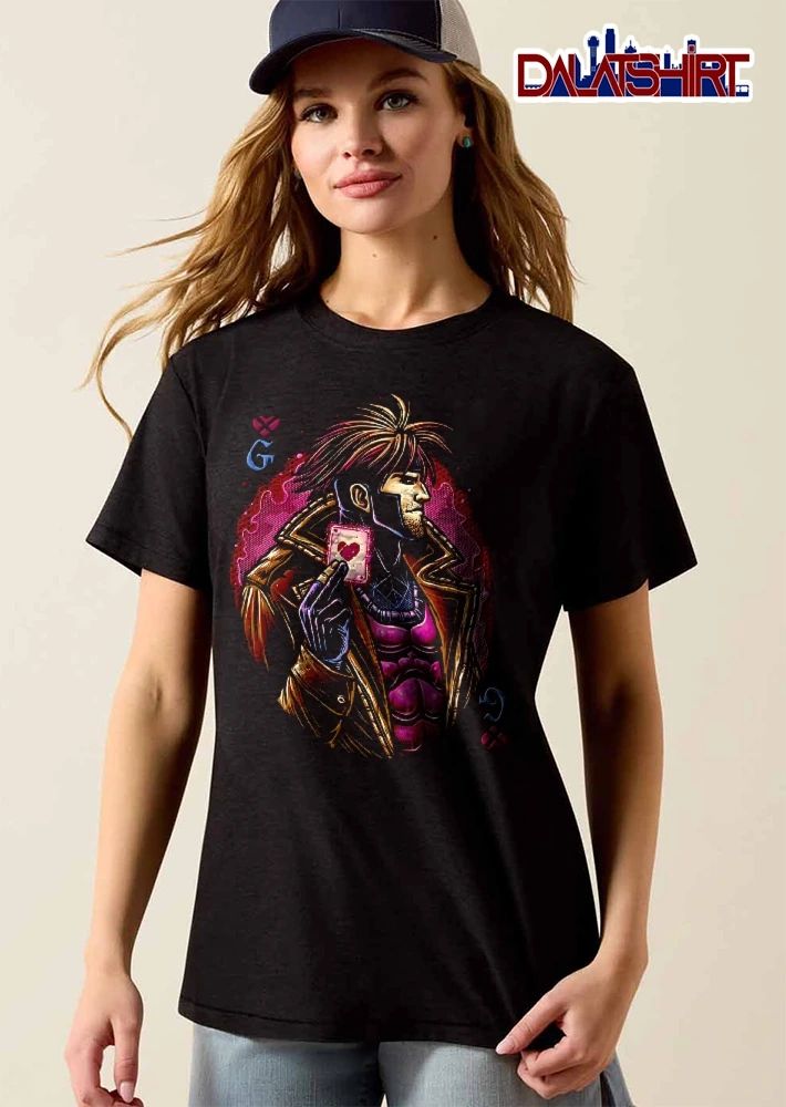 Gambit X Men Holding Glowing Heart Playing Card Playing Card Style Portrait Pink Glow Neon shirt