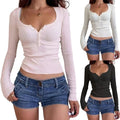Stylish Knit Button Up Long Sleeve Top Stretchy Polyester Base Layer Winter Wear
