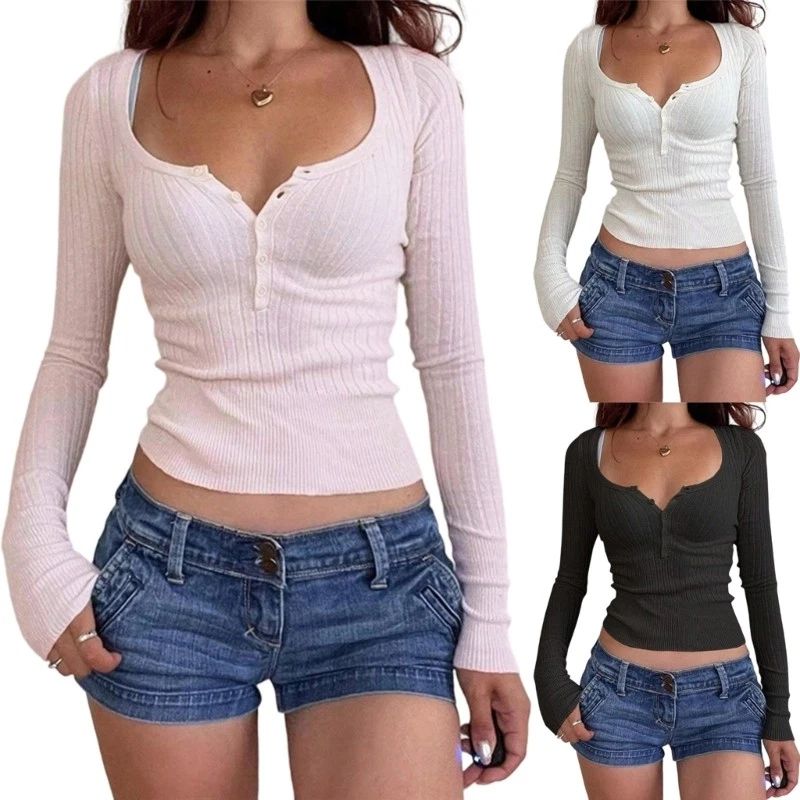 Stylish Knit Button Up Long Sleeve Top Stretchy Polyester Base Layer Winter Wear